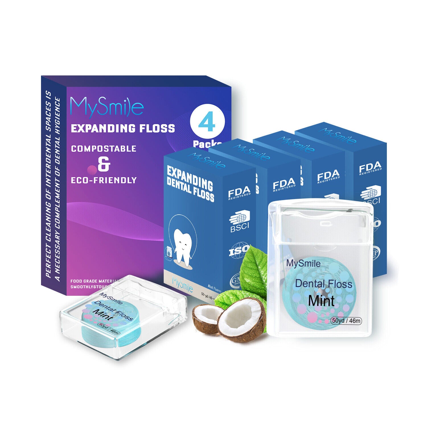 MySmile 4 Packs Dental Floss Threader Expanding Waxed Floss Picks Coconut Oil Infused Woven, 50yd