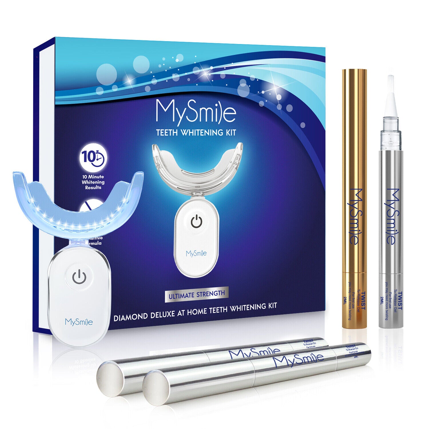 MySmile 4pc Deluxe Professional Teeth Whitening Pen Kit with 28-LED Light Tray, Mint Flavor 3x2ml 22%CP , 1x2ml 35%CP Teeth Whitening Gel, Remove Teeth Coffee Stain