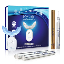 Load image into Gallery viewer, MySmile 4pc Deluxe Professional Teeth Whitening Pen Kit with 28-LED Light Tray, Mint Flavor 3x2ml 22%CP , 1x2ml 35%CP Teeth Whitening Gel, Remove Teeth Coffee Stain
