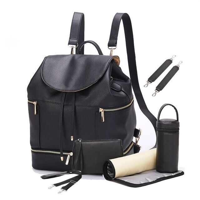 PU Leather Baby Diaper Bag Large Nappy Backpack with Changing Pad Bottler Warmer