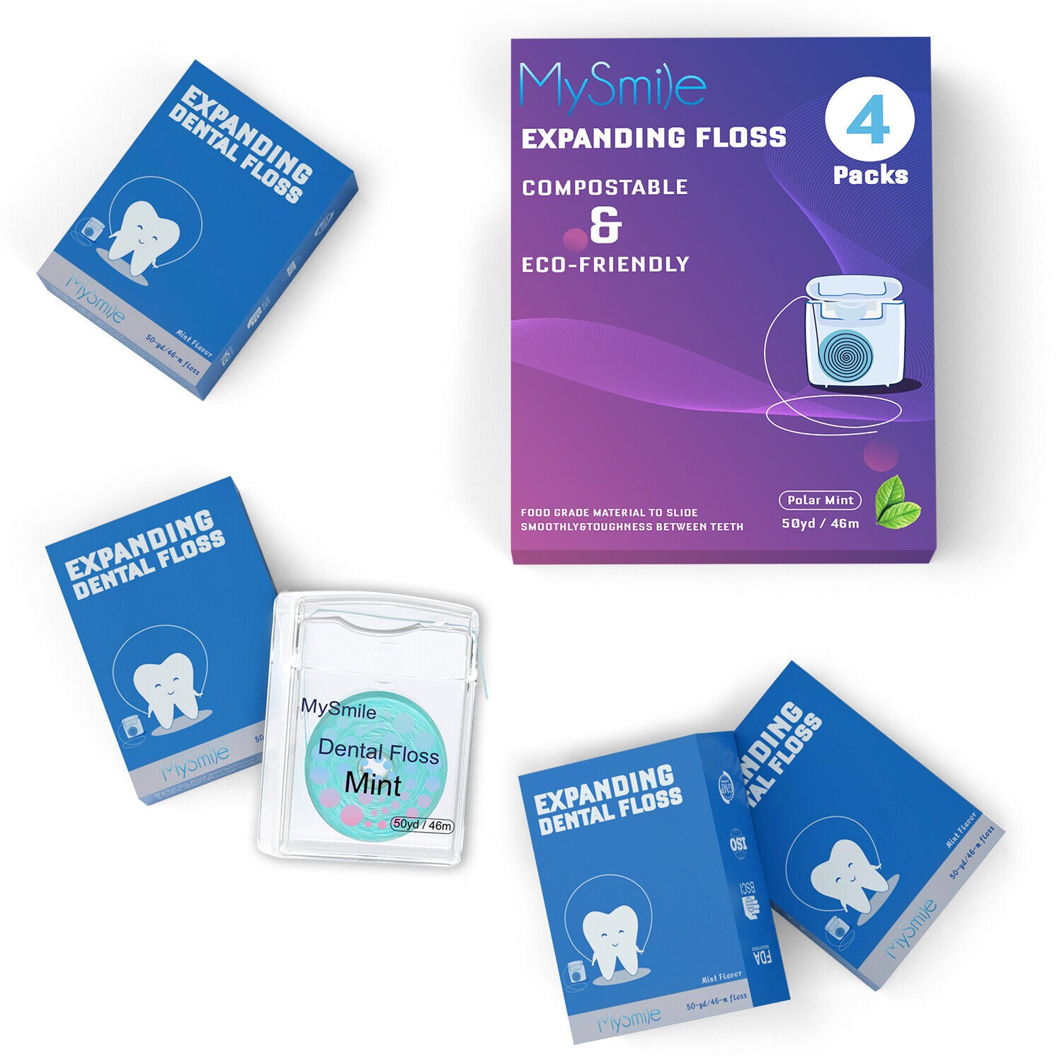 MySmile 4 Packs Dental Floss Threader Expanding Waxed Floss Picks Coconut Oil Infused Woven, 50yd