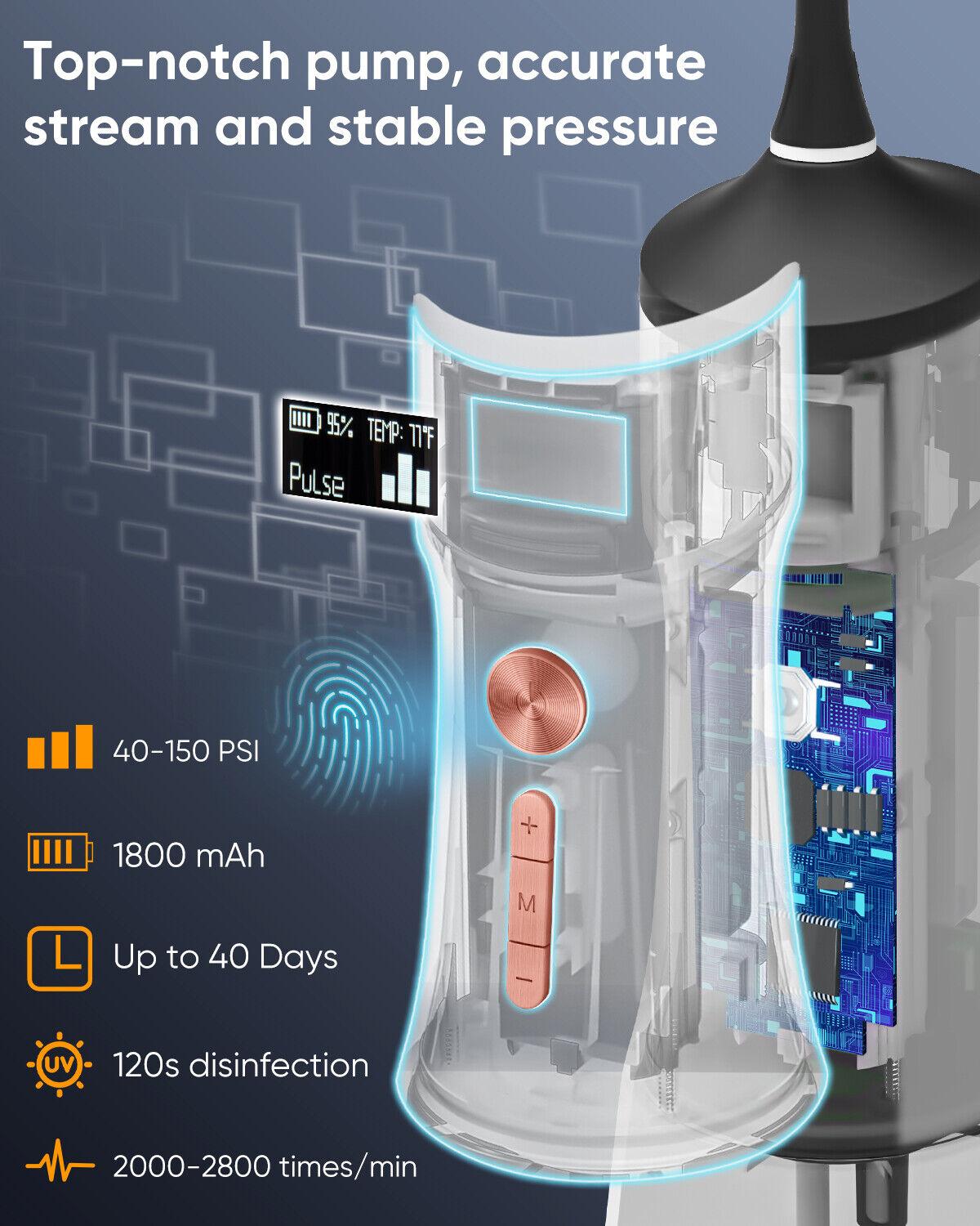 MySmile LP221 Cordless Water Flosser Oral Irrigator for Teeth 335ML Portable OLED Dental Flosser with 4 Modes 8 Jet Tips