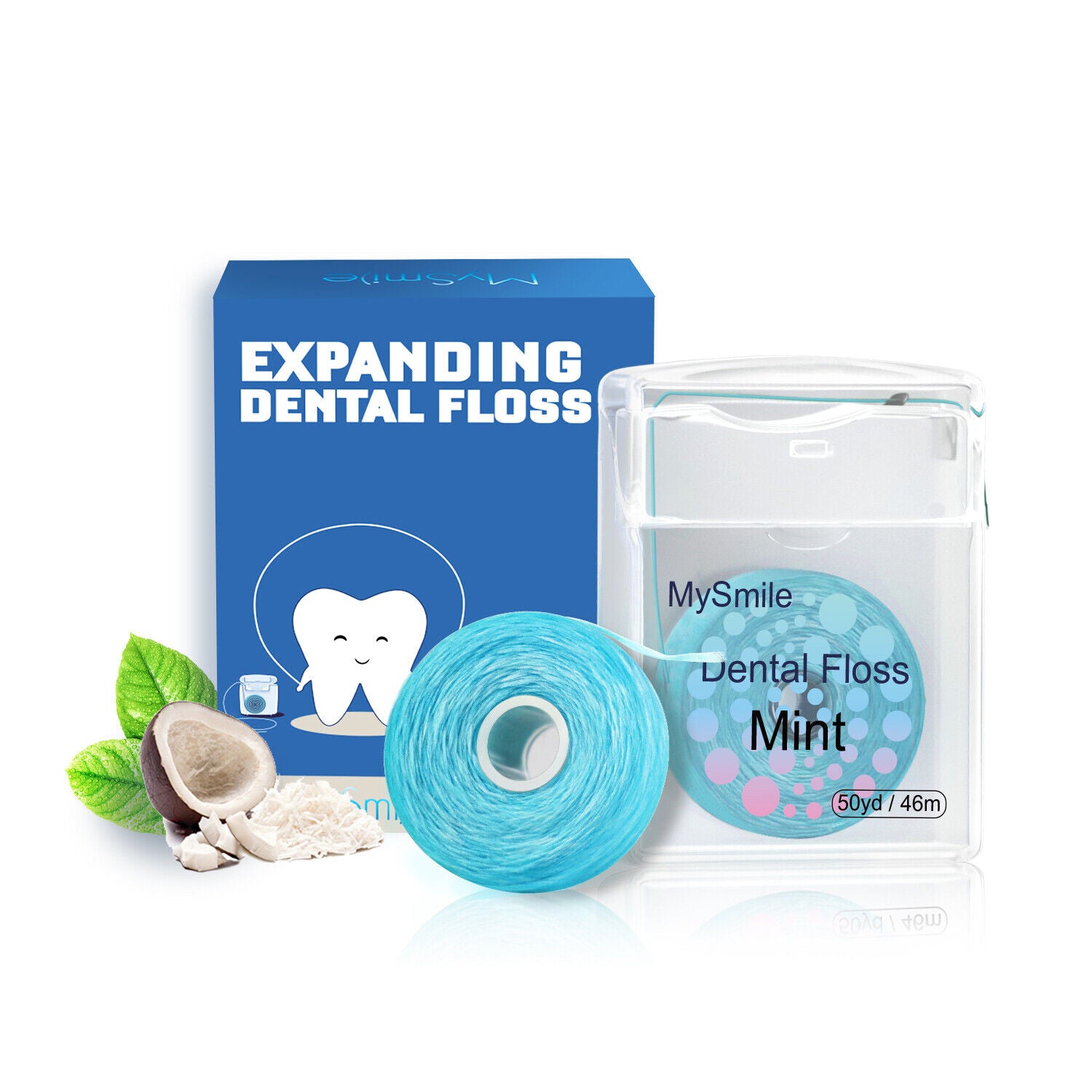 MySmile 2pc 50yd Expanding Deep Clean Cool Mint Waxed Dental Floss Picks Floss Threader for Braces Bridge Implant