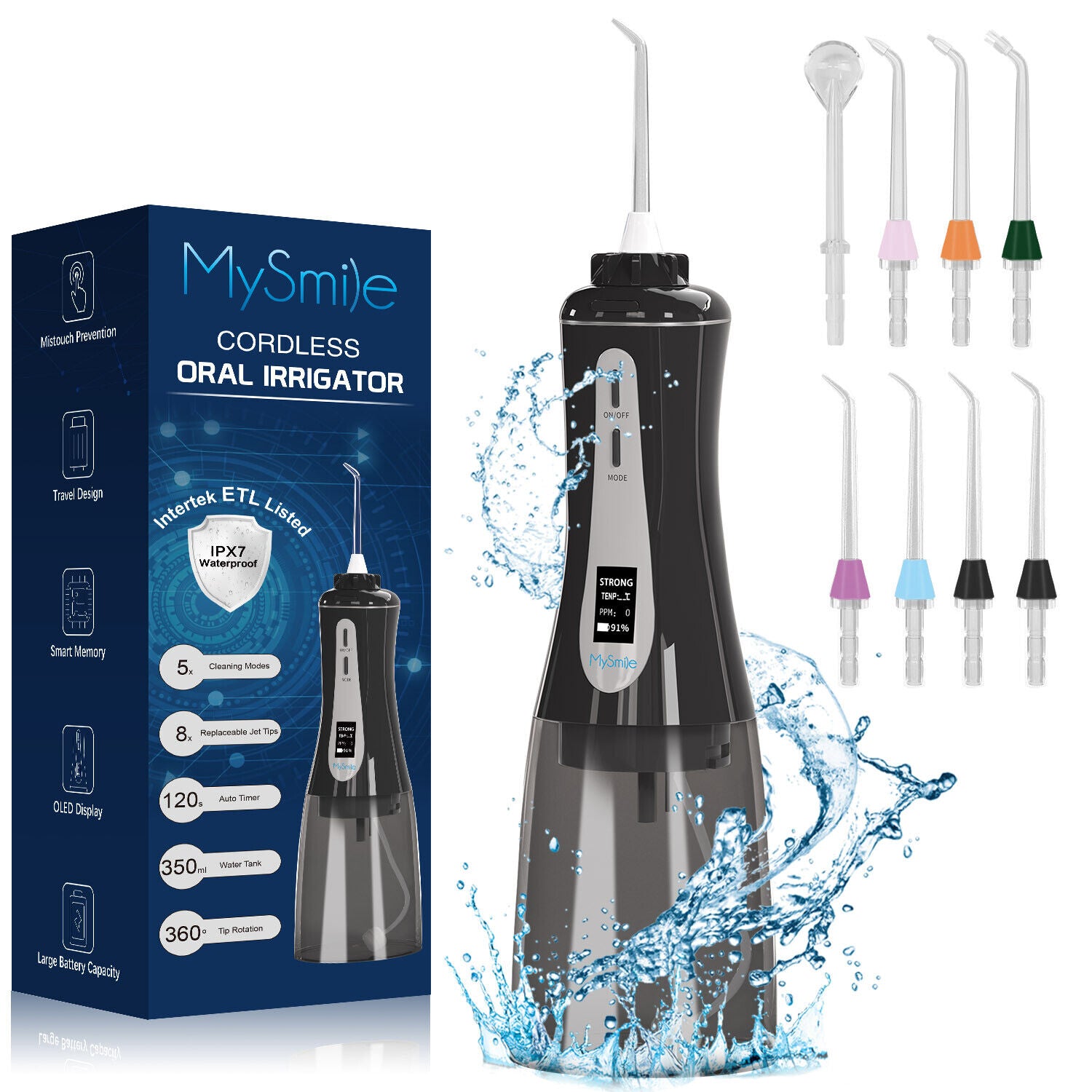 MySmile Portable OLED Oral Irrigator Water Flosser 8 Jet Pick Tips 5 Model