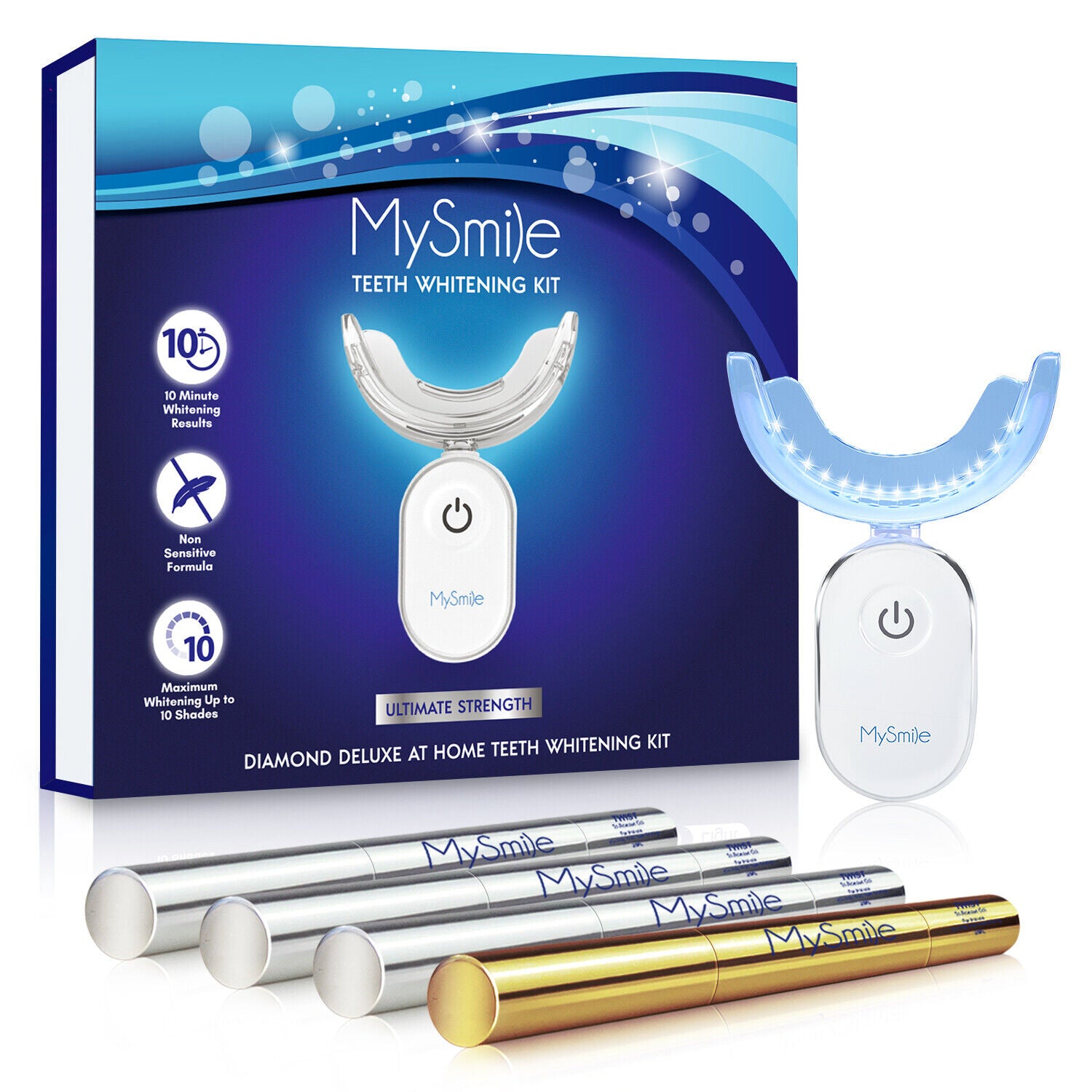 MySmile 4pc Deluxe Professional Teeth Whitening Pen Kit with 28-LED Light Tray, Mint Flavor 3x2ml 22%CP , 1x2ml 35%CP Teeth Whitening Gel, Remove Teeth Coffee Stain