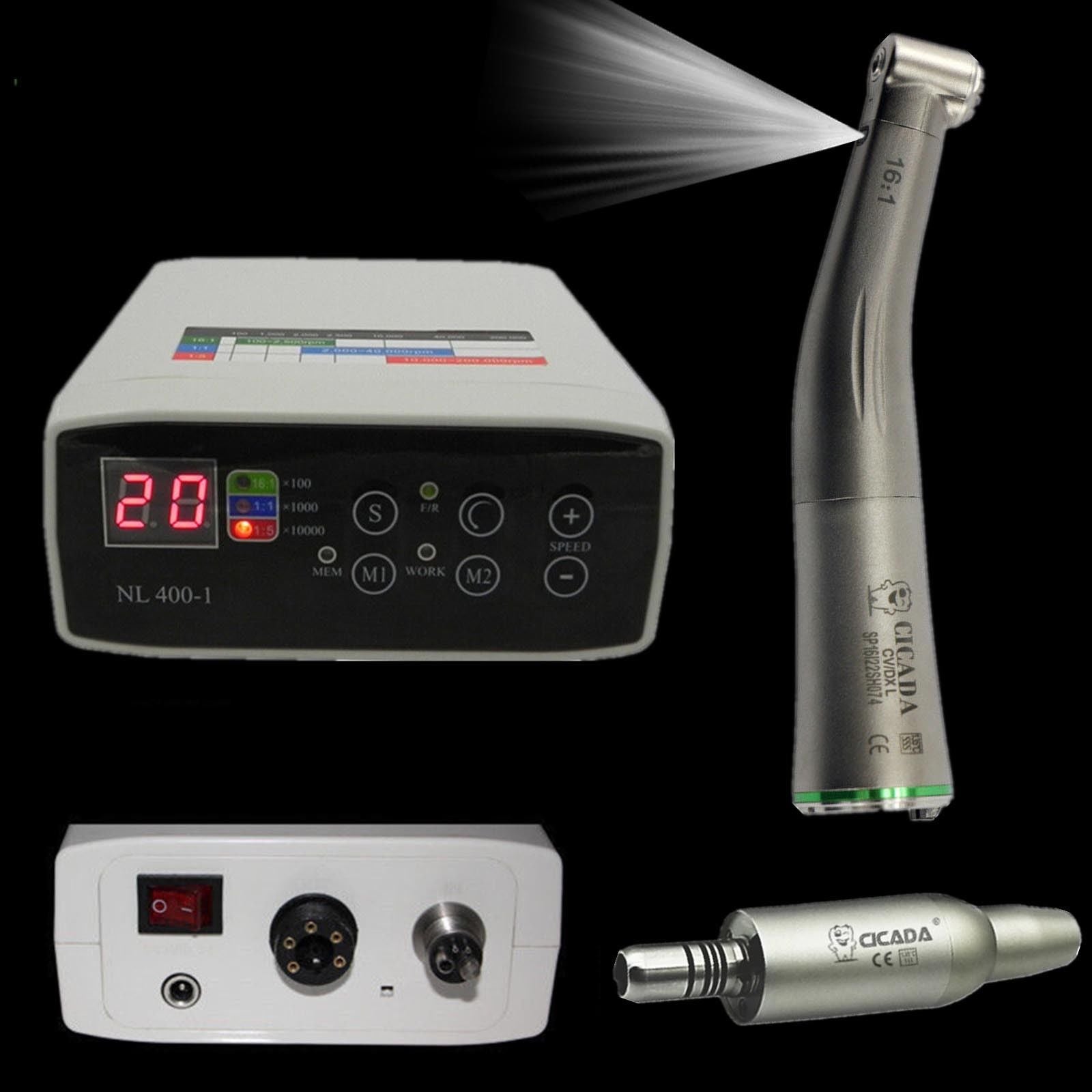 CICADA Dental Electric Micro Motor +1:1/1:5/16:1 Firber Optic Handpiece Contra Angle