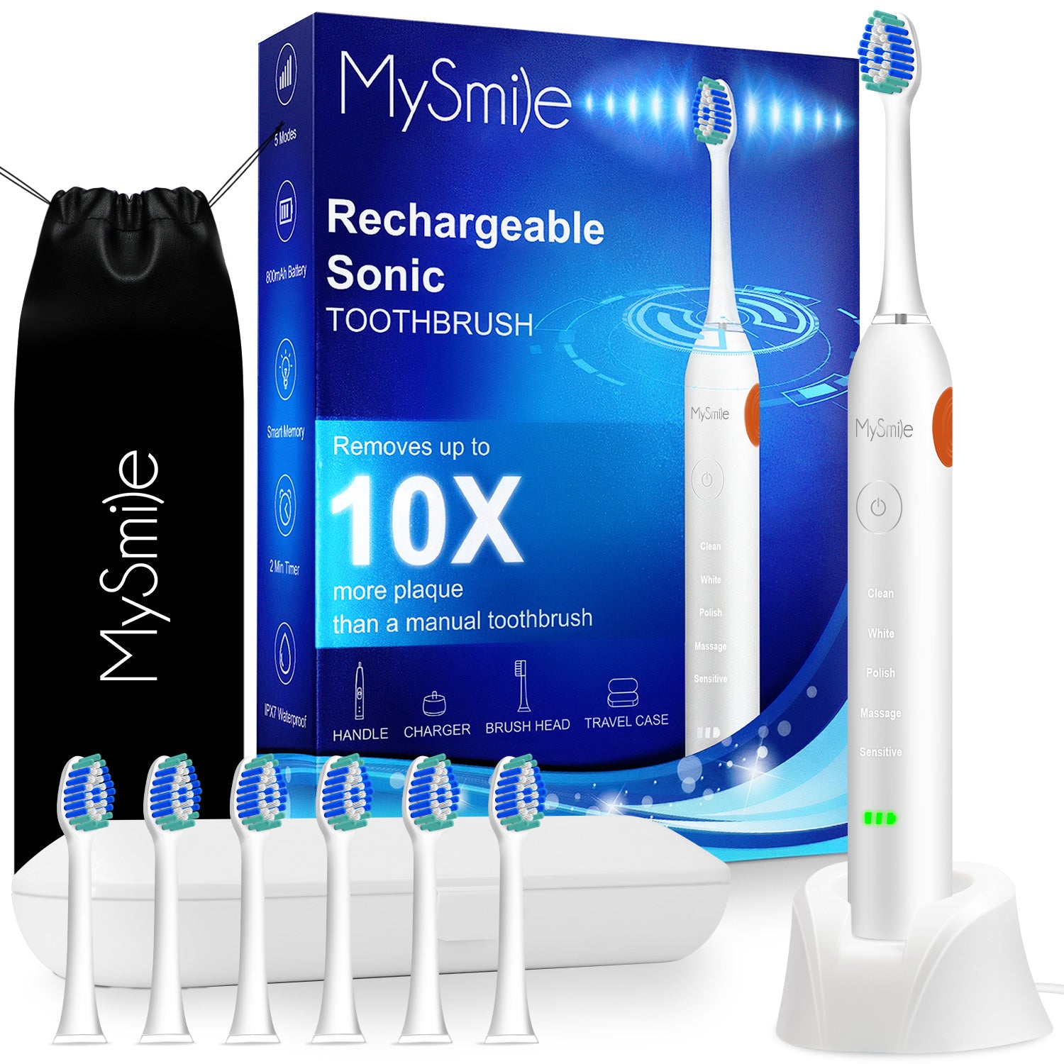 MySmile Ultrasonic Rechargeable Electric Toothbrush 6 Heads Warranty 1 Year
