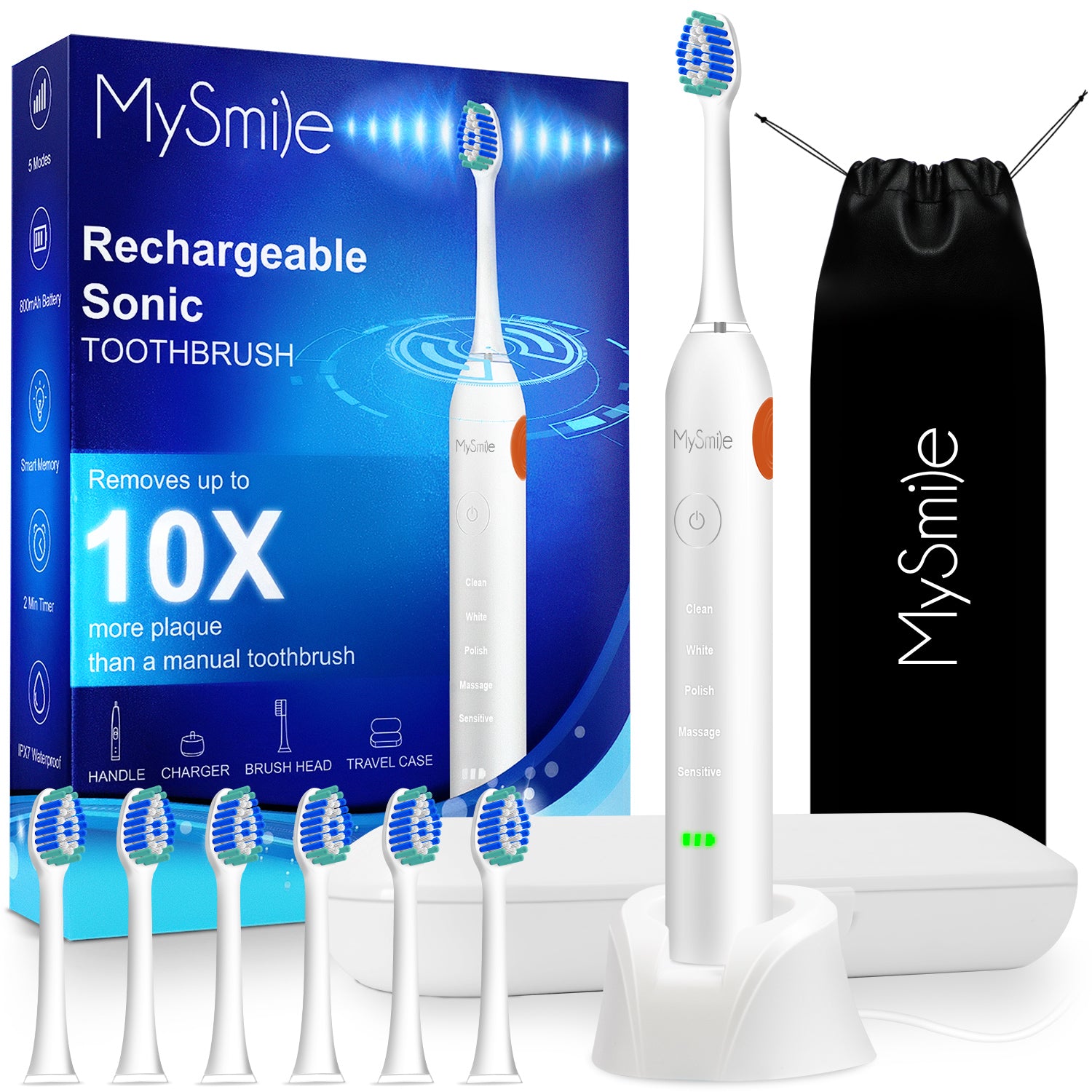 MySmile Ultrasonic Rechargeable Electric Toothbrush 6 Heads Warranty 1 Year