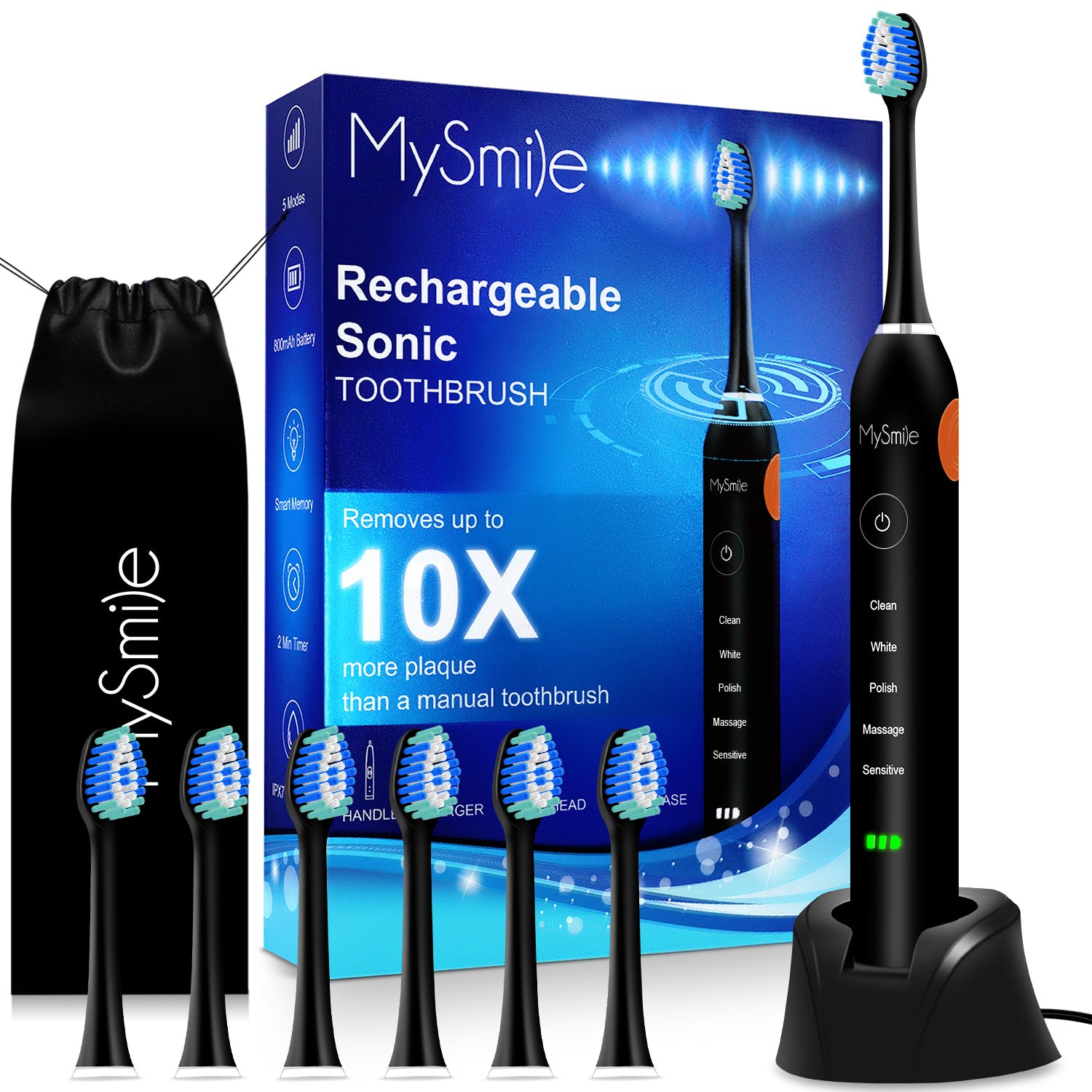 MySmile Ultrasonic Rechargeable Electric Toothbrush 6 Heads Warranty 1 Year